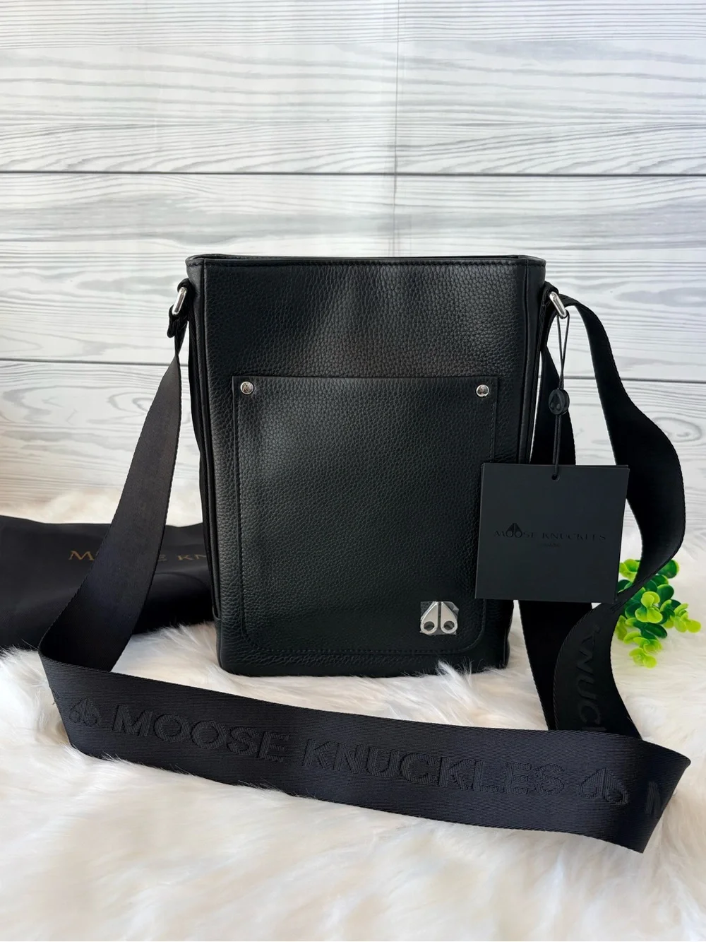 Moose Knuckles Decaire Black Pebbled Leather Messenger Crossbody